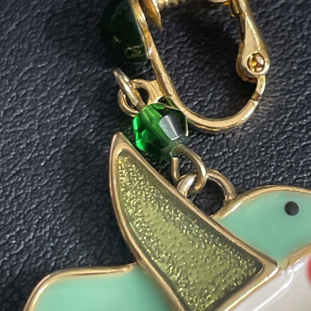 Enamel Hummingbird Dangle Earrings Screw Back Gold Tone Green Red Bird Jewelry - Picture 4 of 7